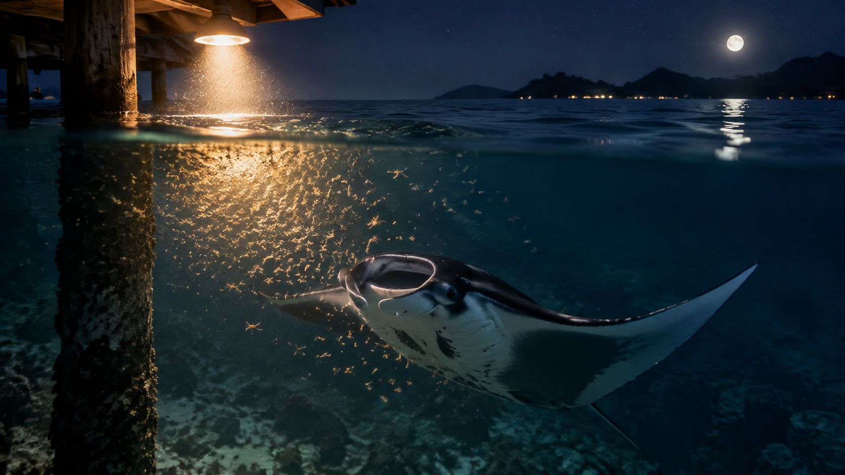 A majestic manta ray swims under a lit wooden pier at night beneath a full moon.