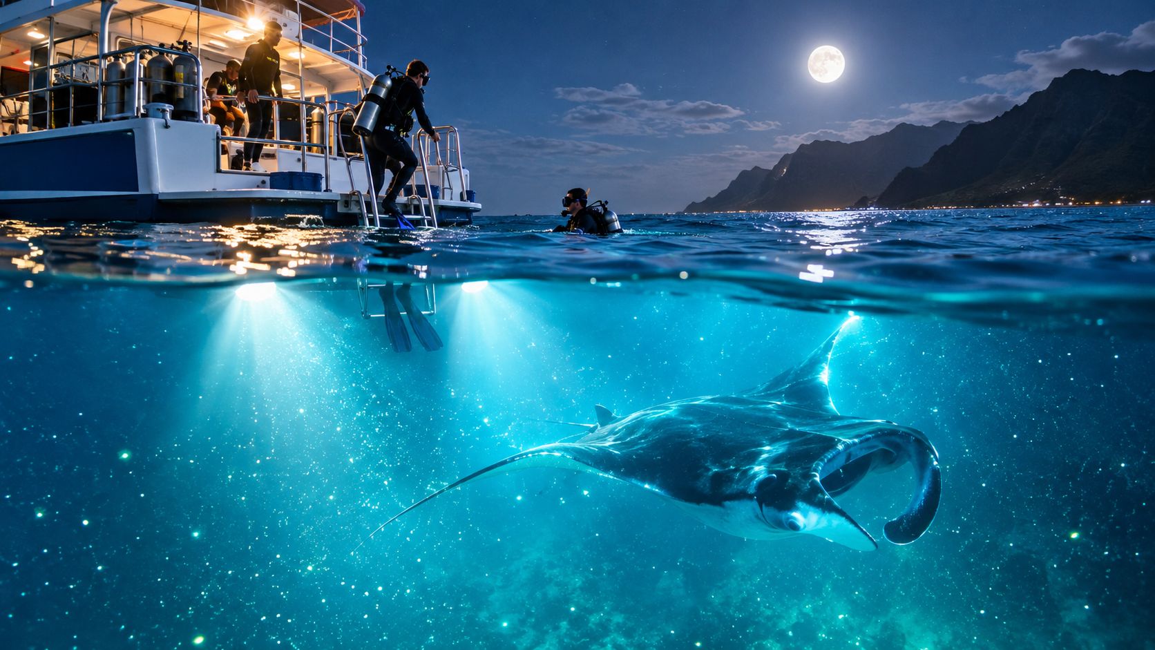 Scuba divers board a boat at night while a manta ray swims beneath in the ocean.