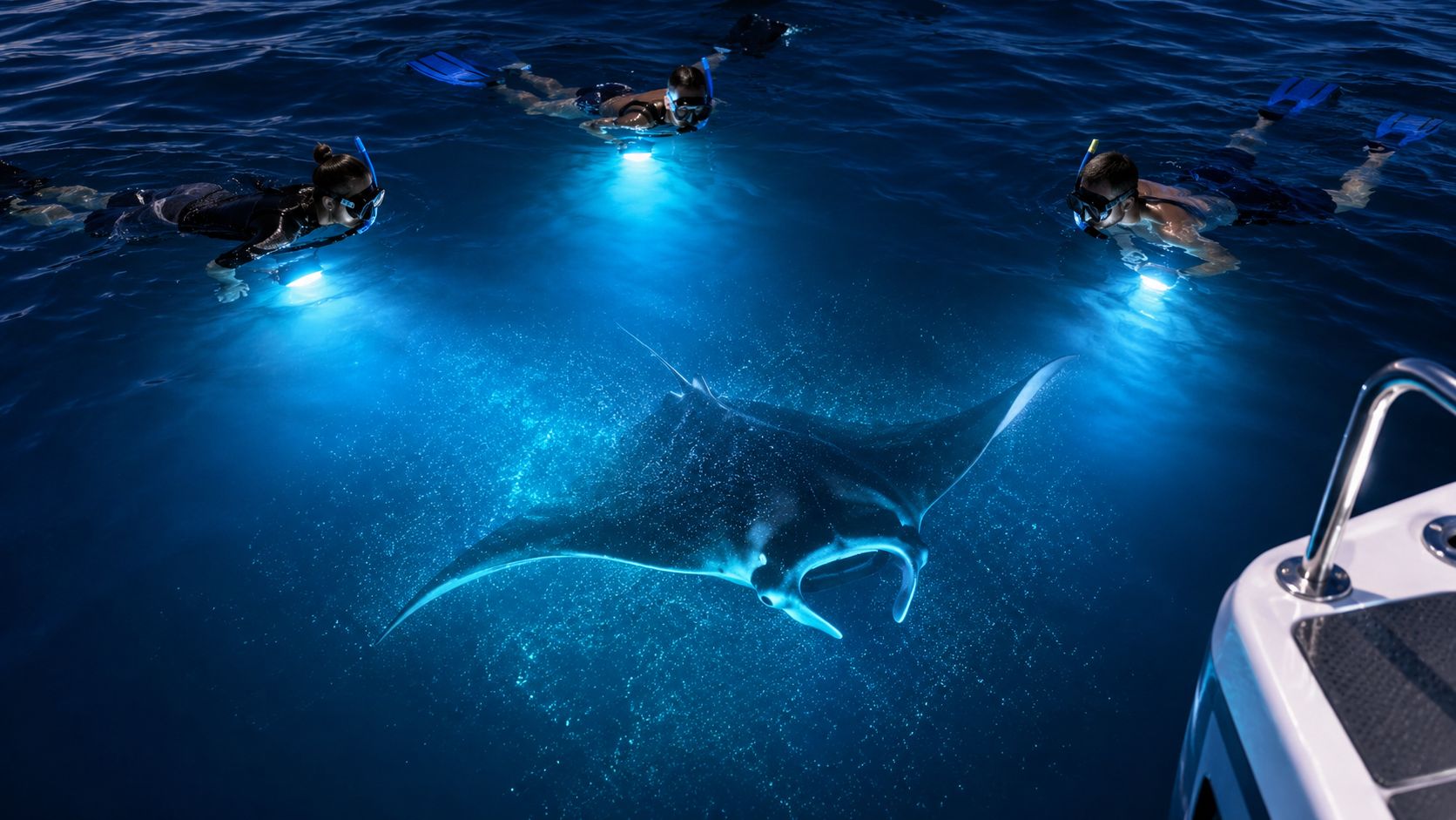 A group of snorkelers with underwater lights observe a majestic manta ray swimming in dark ocean water.