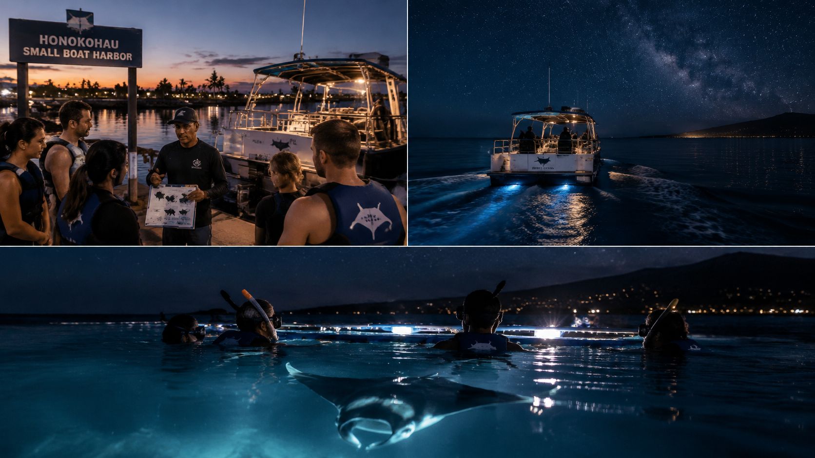 A group prepares for a nighttime manta ray snorkeling tour off the coast of Hawaii's Big Island.