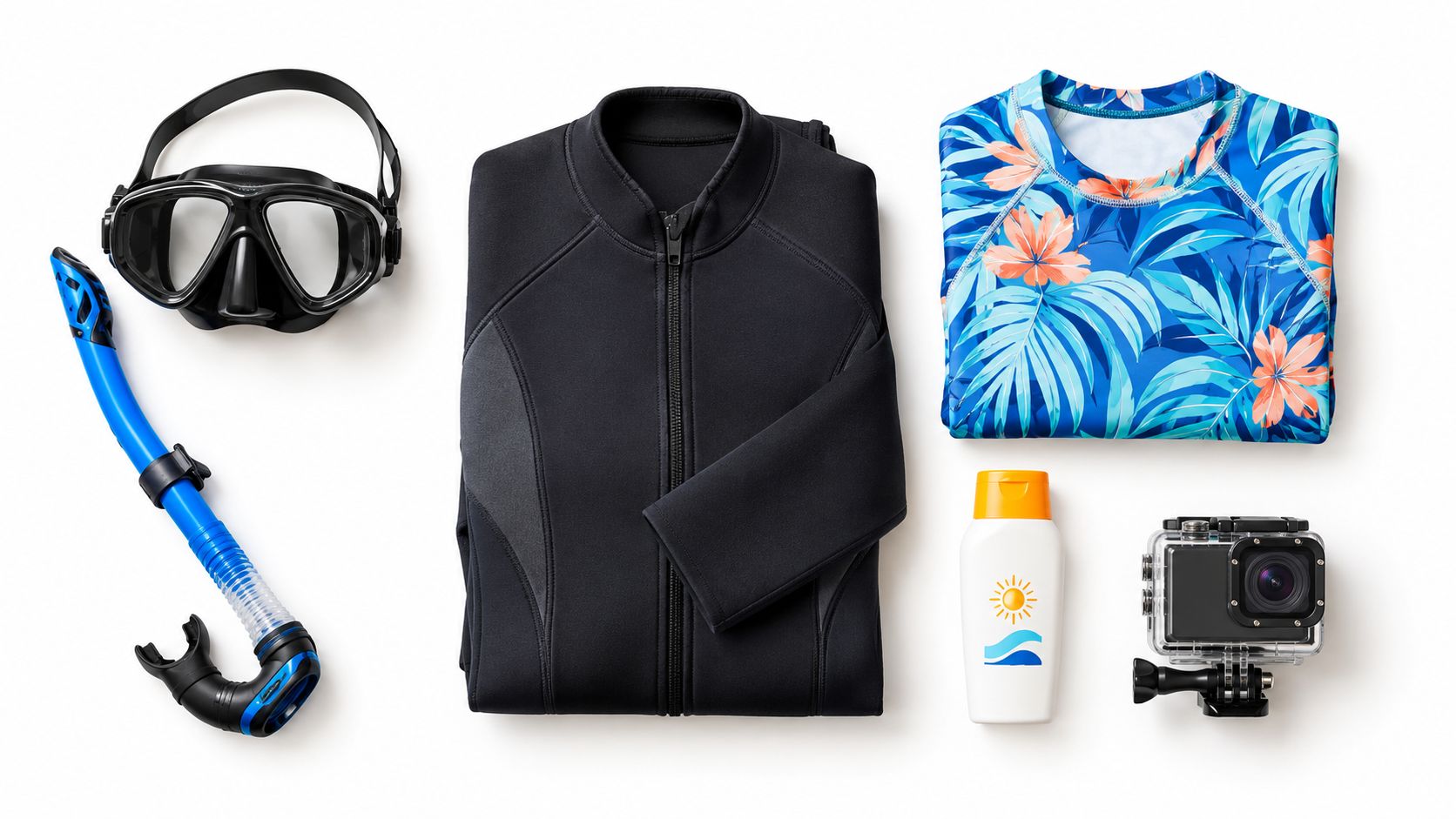 A flat lay of snorkeling gear including a mask, snorkel, wetsuit, floral swim shirt, sunscreen, and waterproof camera.