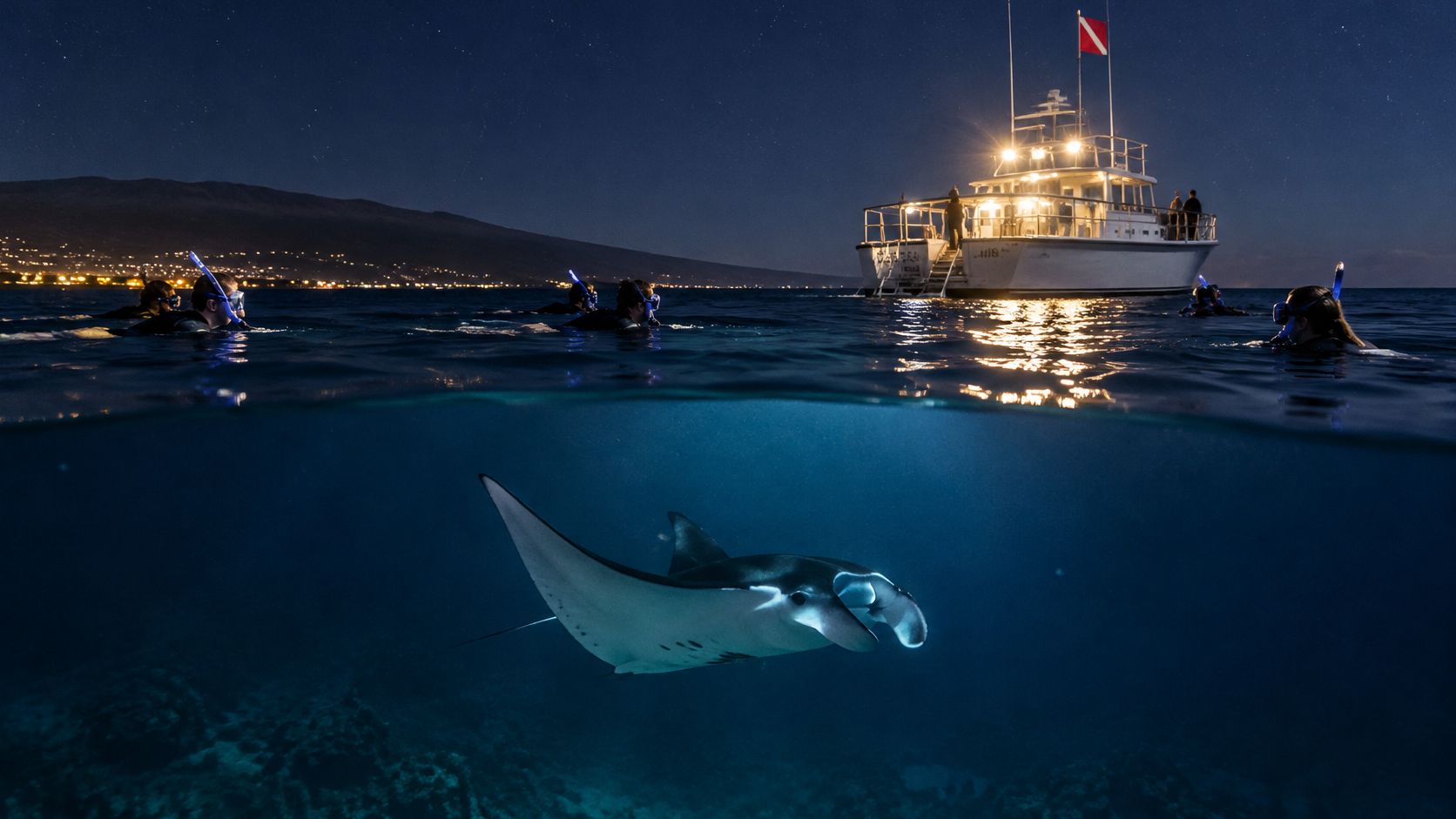 A manta ray swimming underwater at night beneath a group of snorkelers near a tour boat.