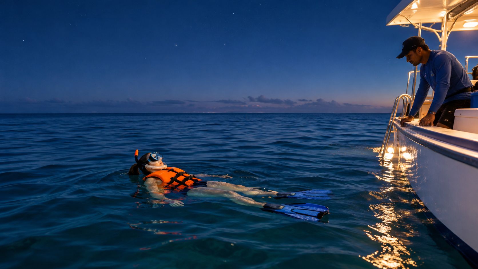 A snorkeler floating in the ocean at night near a boat with a guide watching from above.
