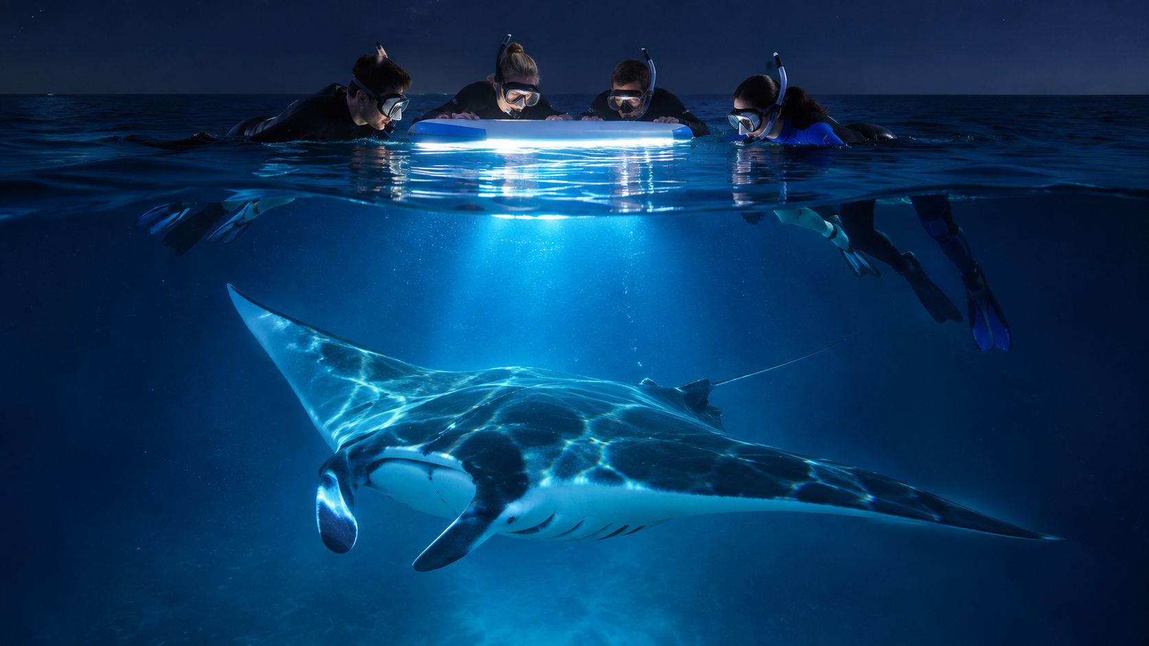 A group of snorkelers with a floating light board watching a graceful manta ray at night.