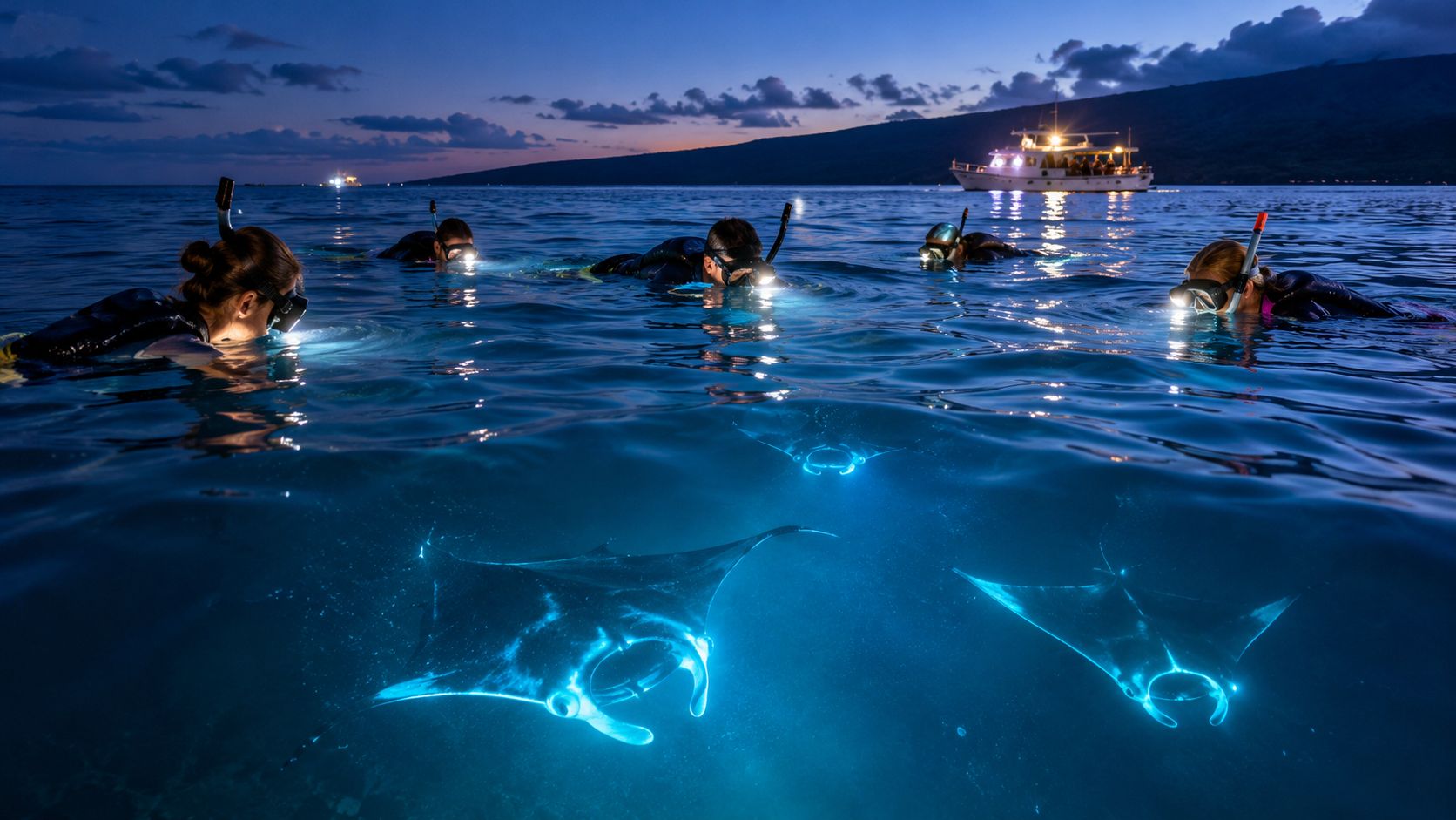 A group of snorkelers at night using underwater lights to view glowing manta rays near a boat.