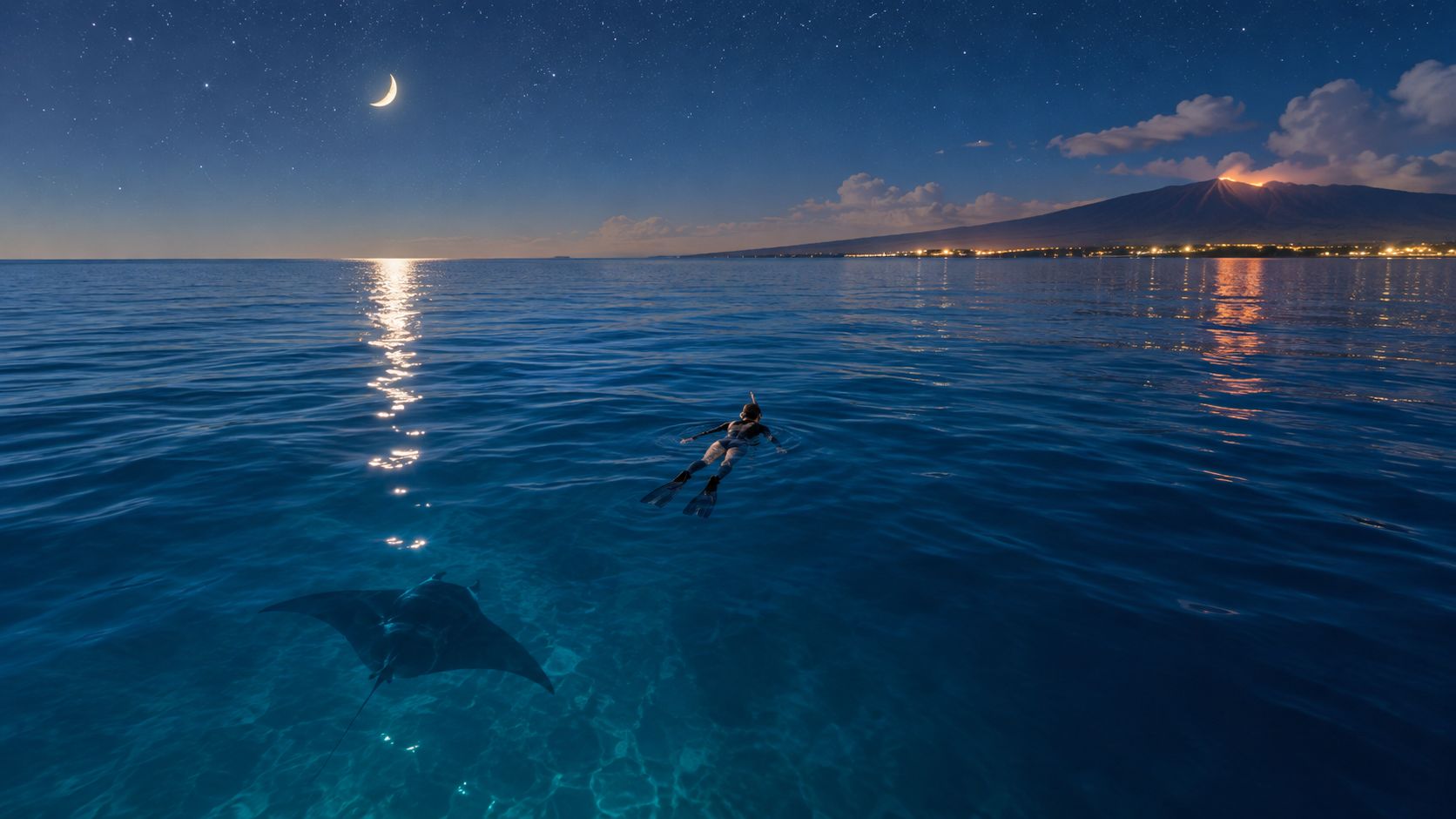 A snorkeler swims near a large manta ray in the clear ocean water under a night sky.