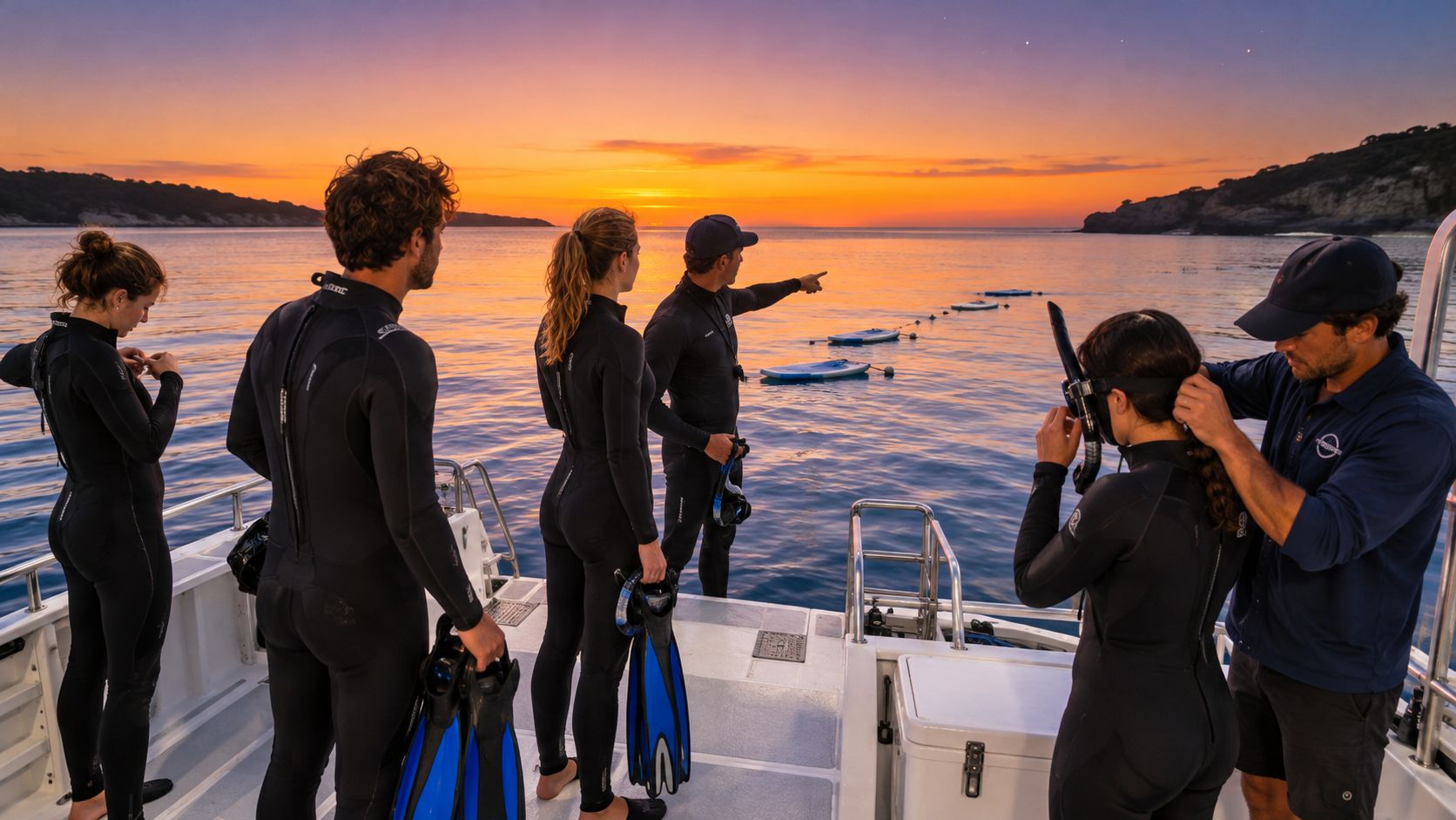 A group of people in wetsuits prepares for a manta ray night dive on a boat at sunset.