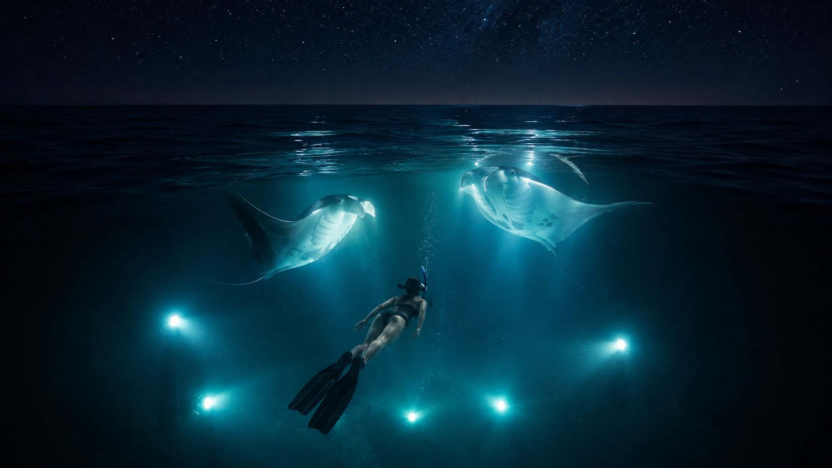 A snorkeler swimming with majestic manta rays in the deep blue ocean at night under starry skies.