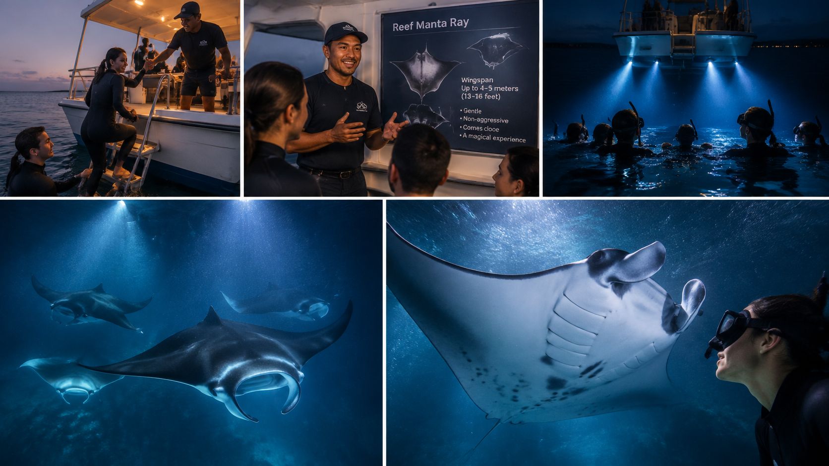 A collage showing a guided boat tour for swimming with giant manta rays in the ocean.