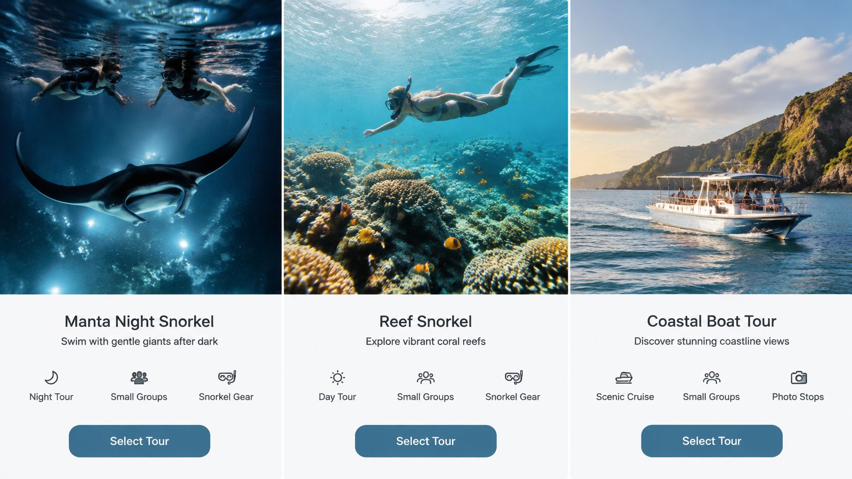 A digital display featuring three different ocean tour options including Manta Night Snorkel, Reef Snorkel, and Coastal Boat Tour.
