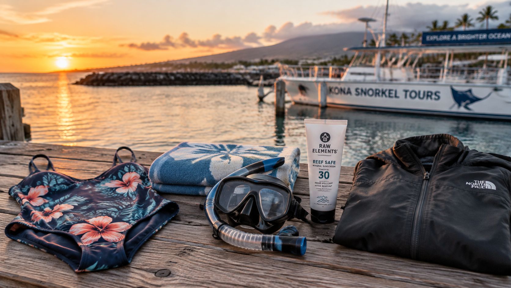 Snorkel gear, sunscreen, a swimsuit, and a jacket on a wooden pier at sunset in Kona Hawaii.