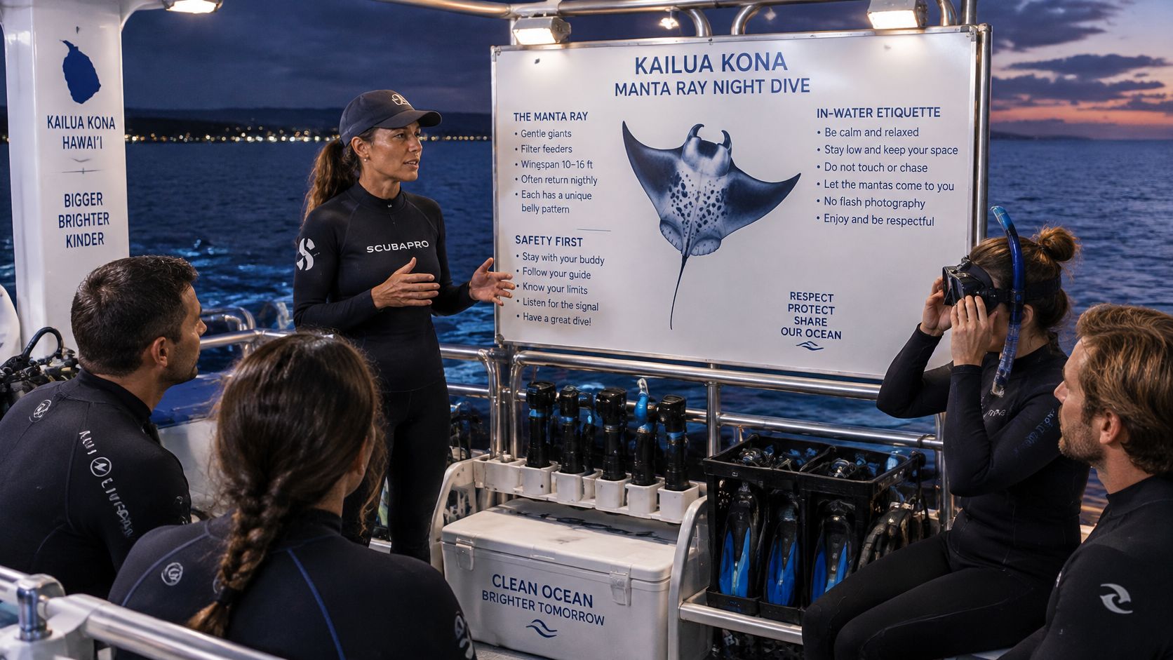 A female scuba instructor giving a safety briefing to a group on a night dive boat.