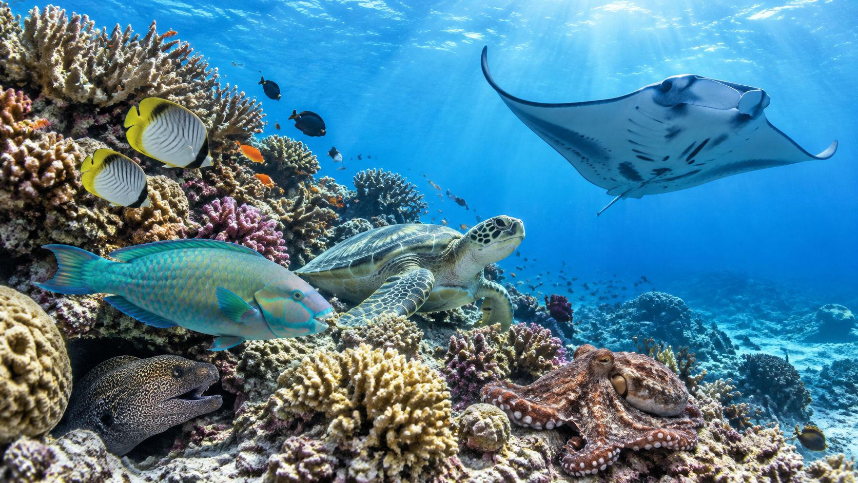 A vibrant coral reef ecosystem featuring a manta ray, a sea turtle, an octopus, and colorful tropical fish.