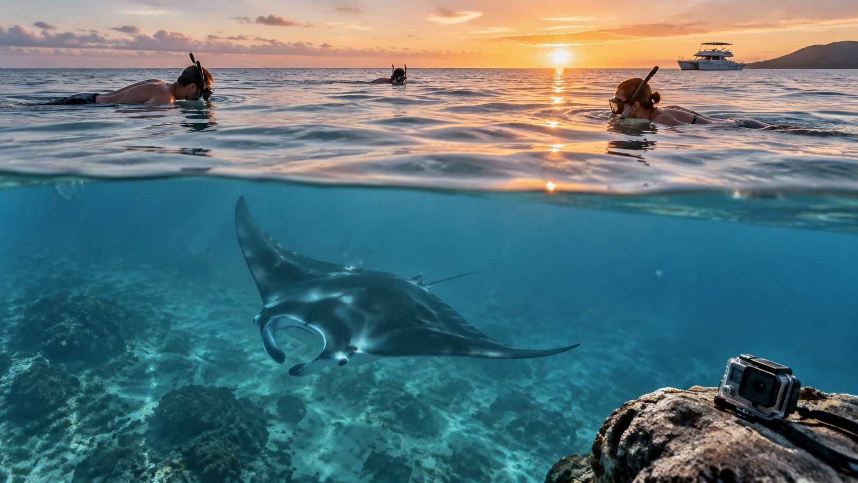 Snorkelers swimming in the ocean at sunset near a large manta ray underwater in Hawaii.