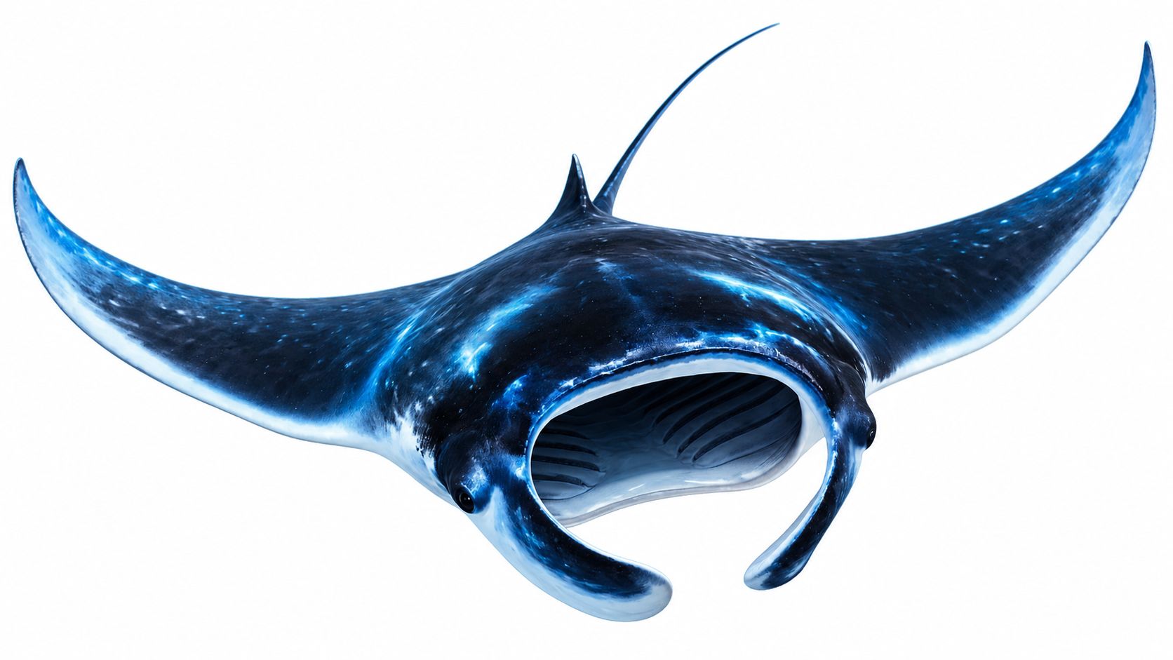 A majestic manta ray swimming gracefully with a glowing, cosmic blue pattern on its dark skin.