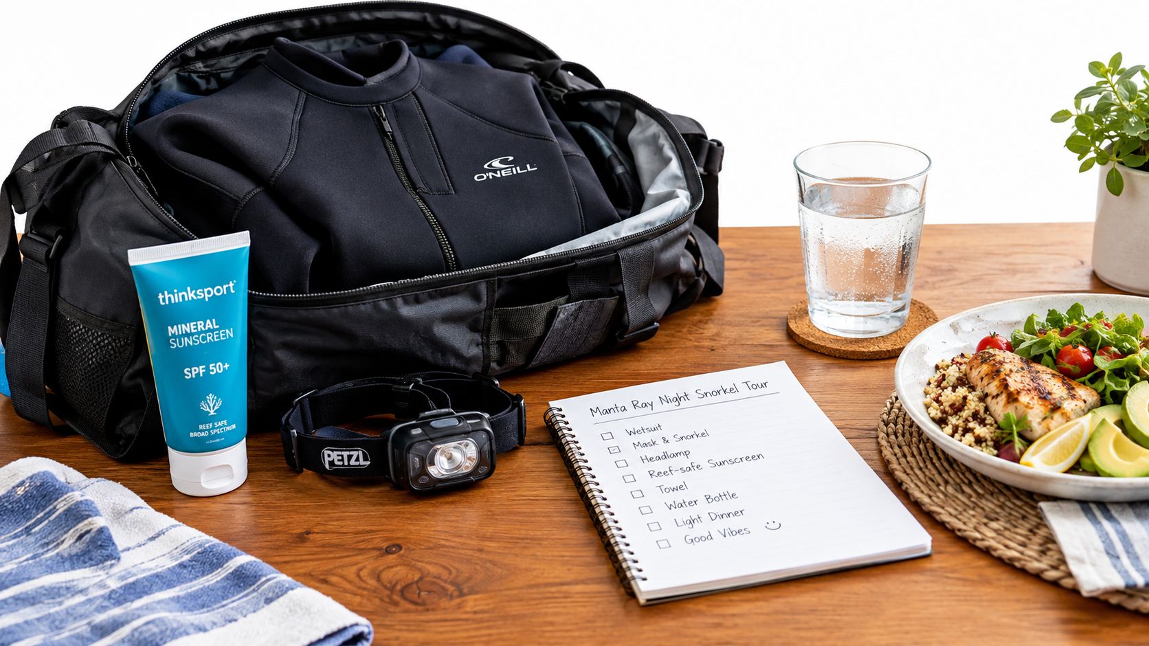 A travel bag packed for a Manta Ray night snorkel tour, featuring gear, sunscreen, and a healthy meal.