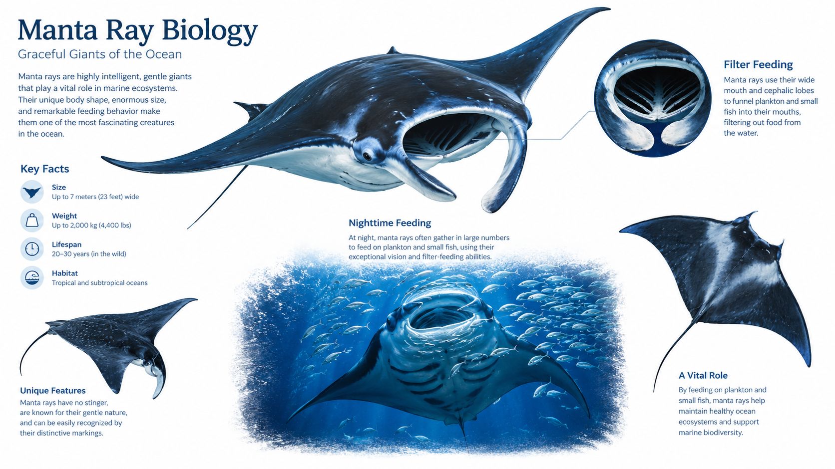 An informative infographic detailing the biological facts, feeding habits, and ecological importance of giant manta rays.