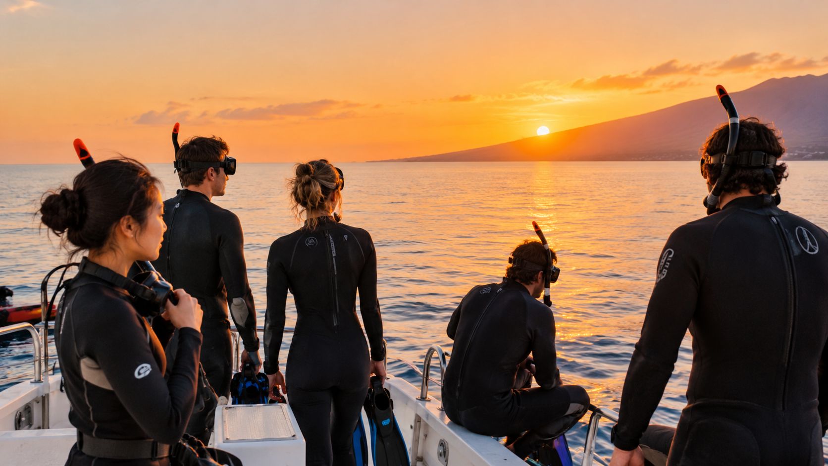 A group of snorkelers in wetsuits watching the sunset from a boat on the ocean.