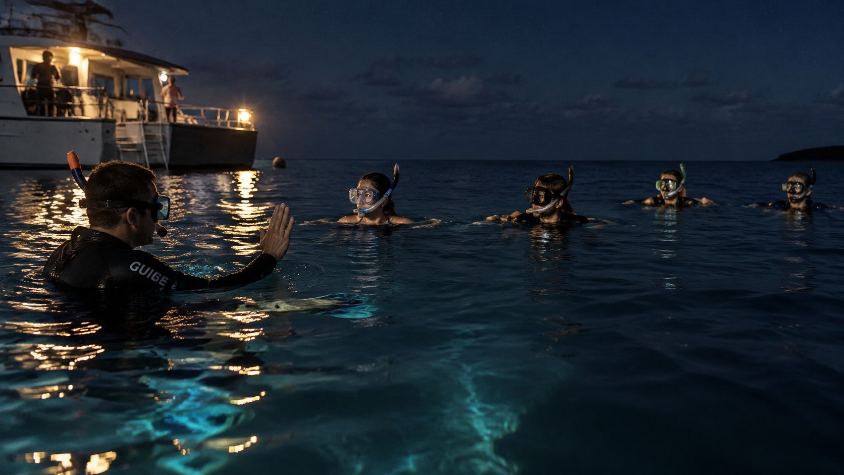 A snorkeling guide instructs a small group of swimmers in the water at night near a boat.