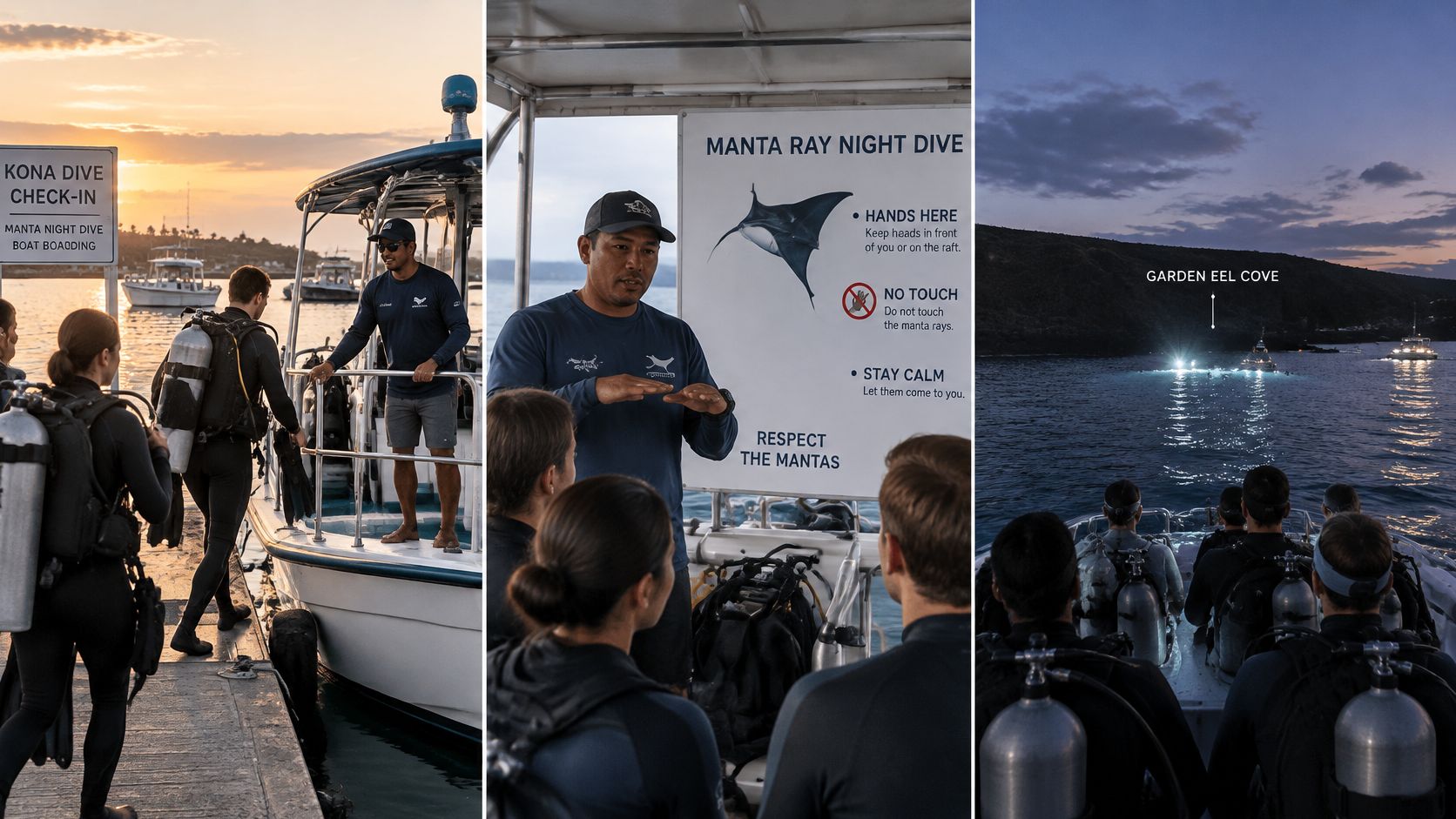 A composite image showing scuba divers preparing for and participating in a Kona manta ray night dive.