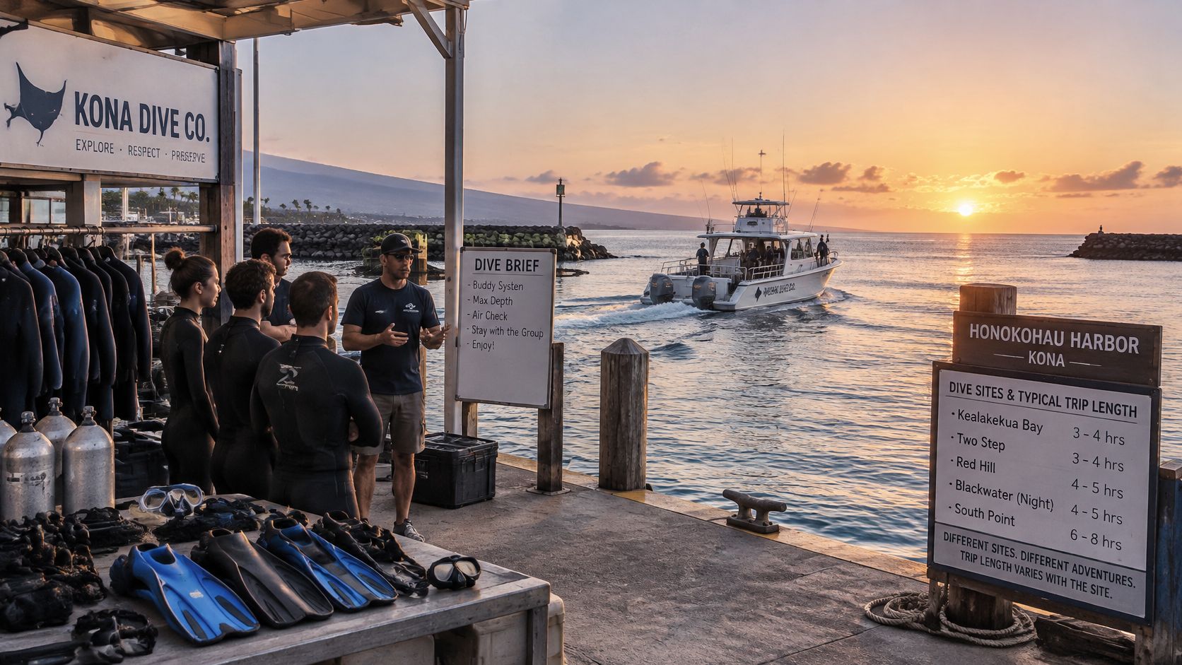 A dive instructor gives a safety briefing to divers at Kona Dive Shop during a sunset.