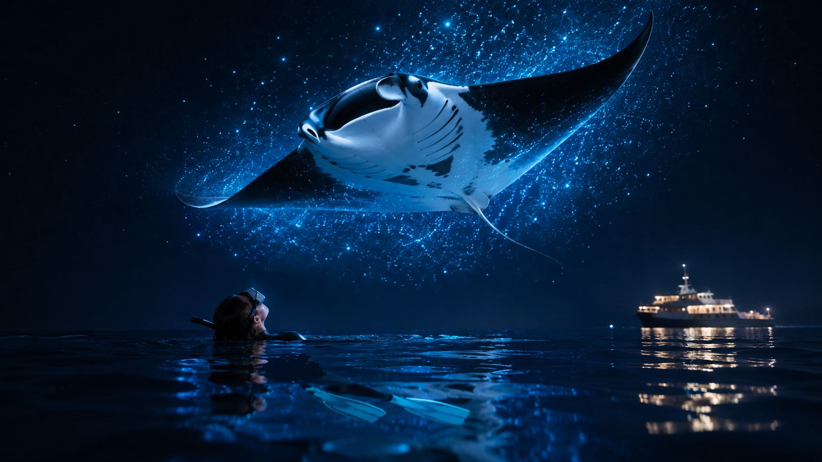A snorkeler observing a giant manta ray swimming beneath a bright starry night sky at sea.
