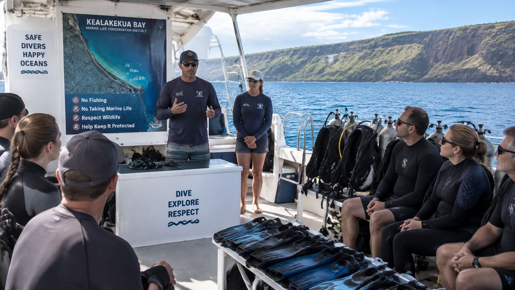 A dive instructor gives a safety briefing to a group on a boat at Kealakekua Bay, Hawaii.