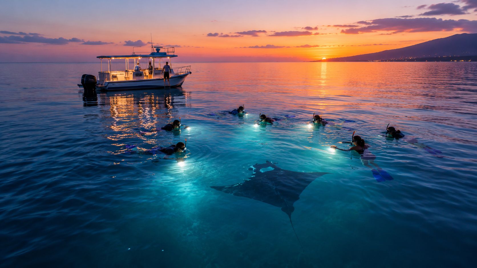 A group of snorkelers in the ocean at sunset illuminating a large manta ray with bright lights.