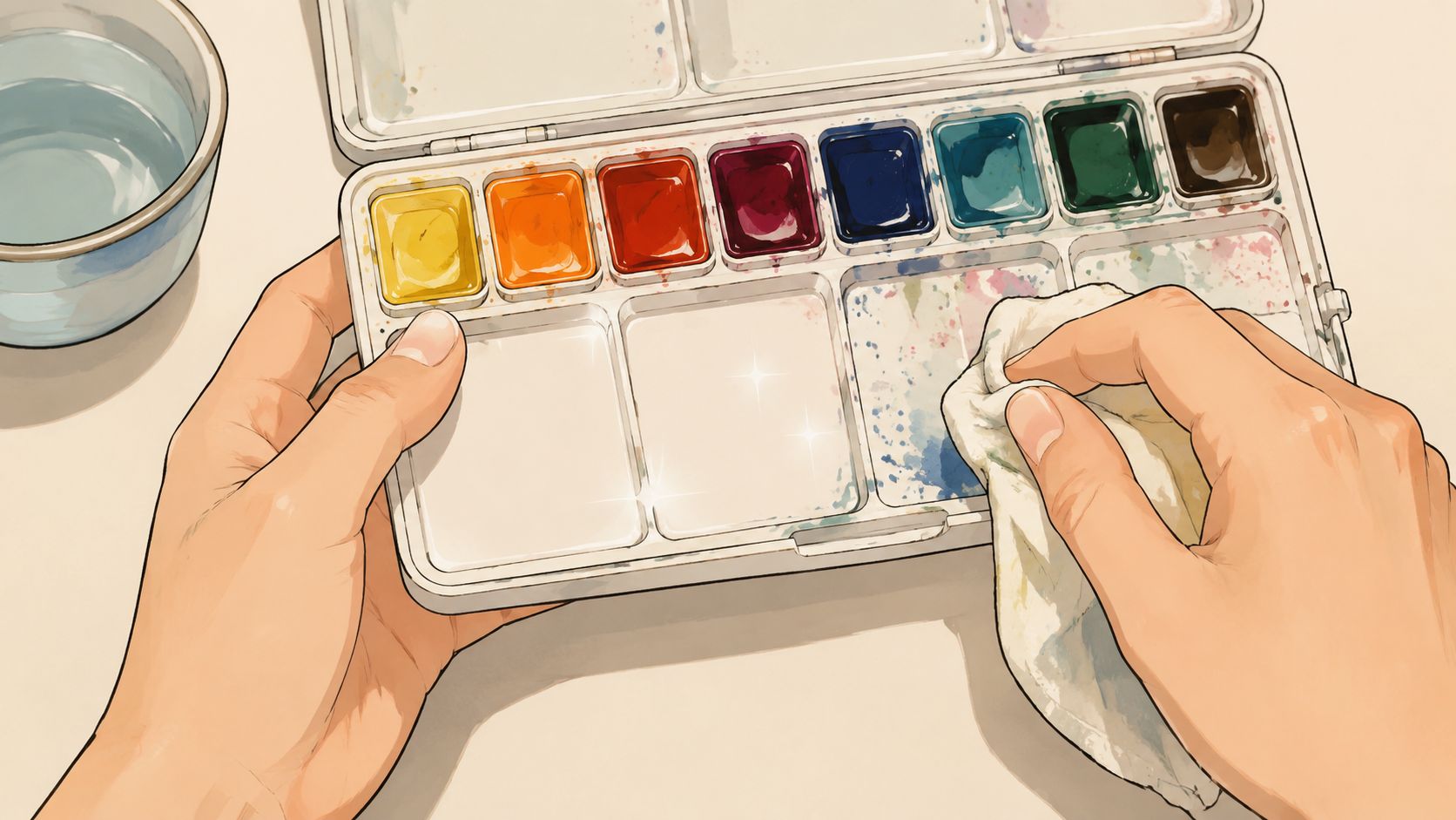 A person holding a watercolor paint palette and wiping the mixing tray with a cloth.