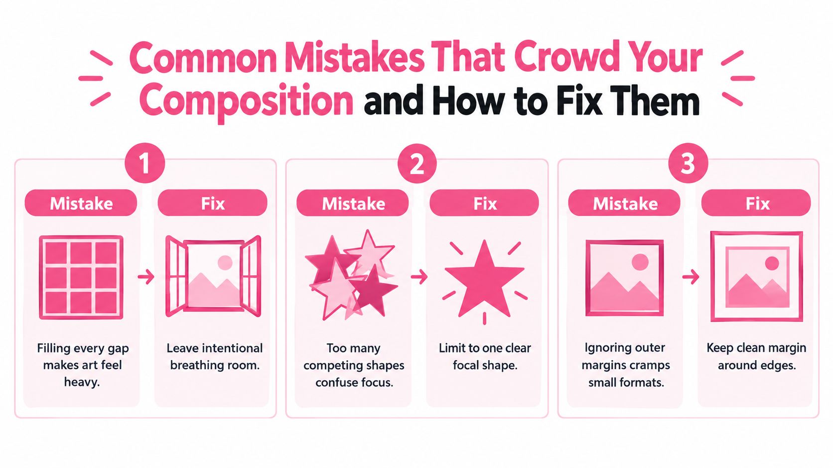 A graphic showing three common composition mistakes and their fixes, including advice on using space, focal points, and margins.
