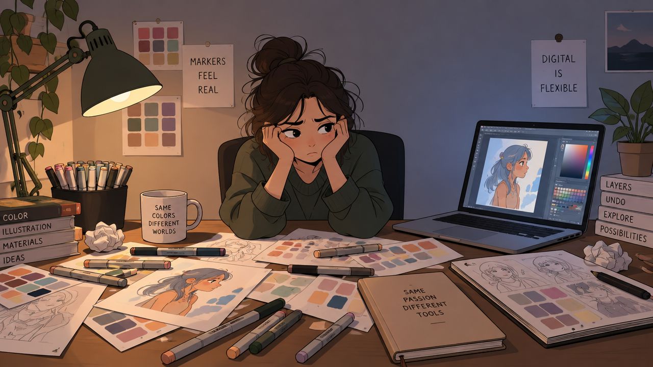 A thoughtful young artist working at a desk with both traditional markers and digital design software.