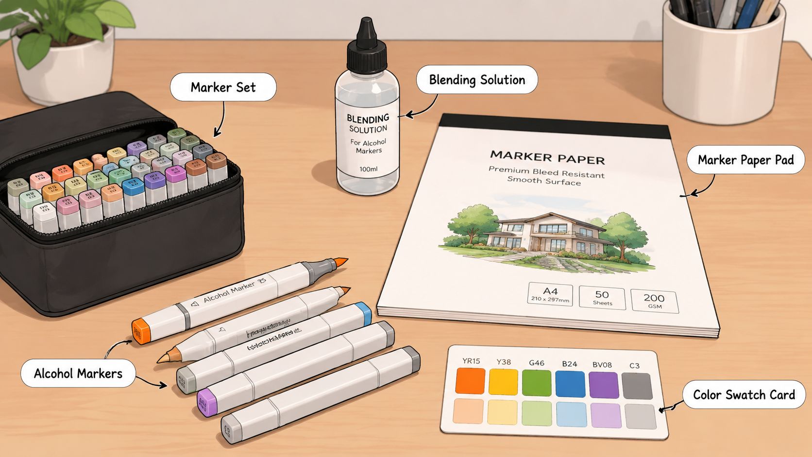 A workspace featuring an alcohol marker set, blending solution, marker paper pad, and a color swatch card.