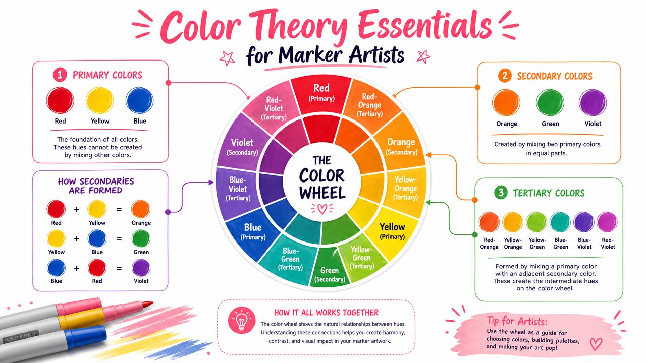 An educational color theory chart for marker artists explaining primary, secondary, and tertiary color relationships.