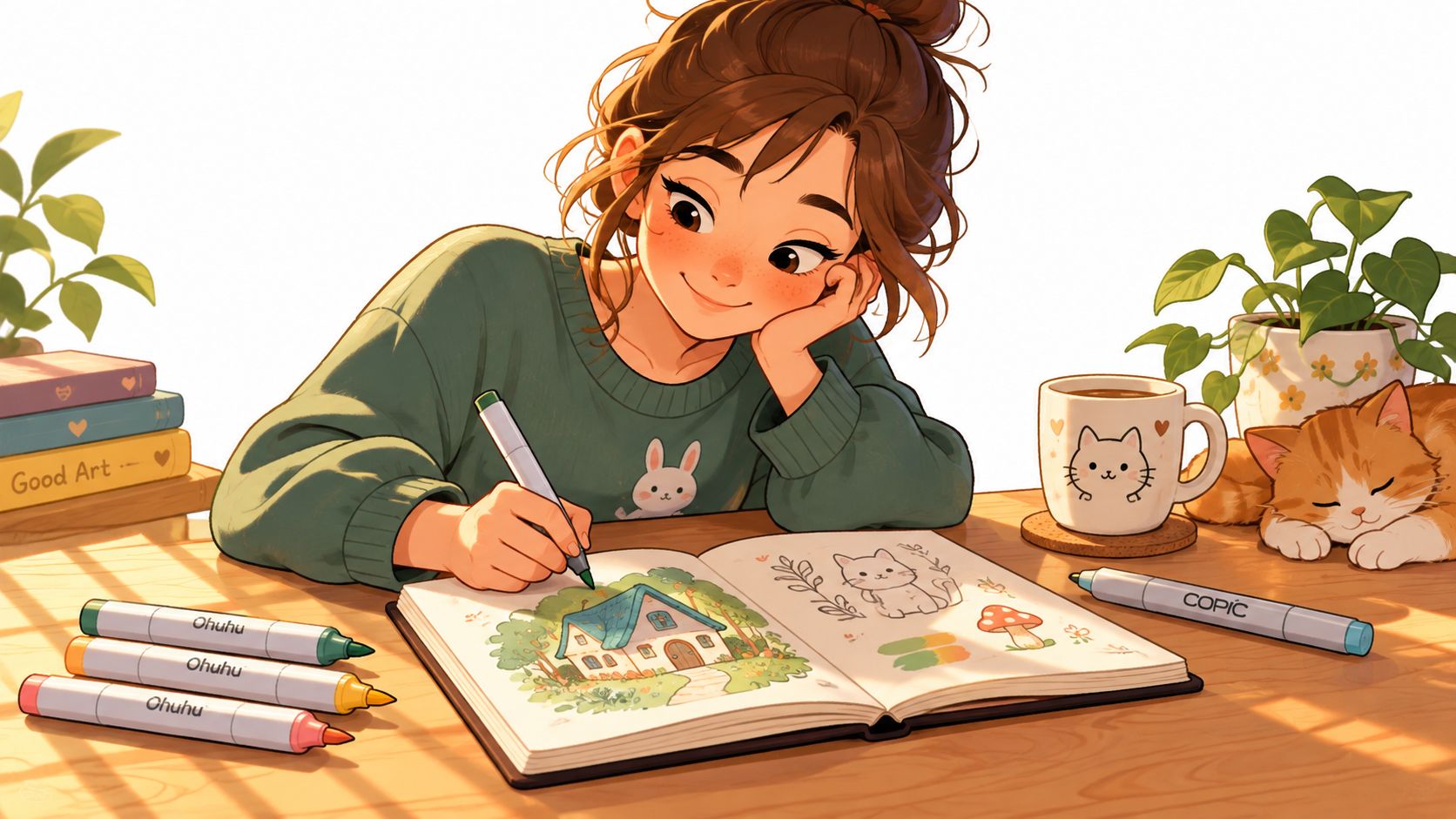 A young woman with a cozy aesthetic drawing in a sketchbook next to her sleeping orange cat.