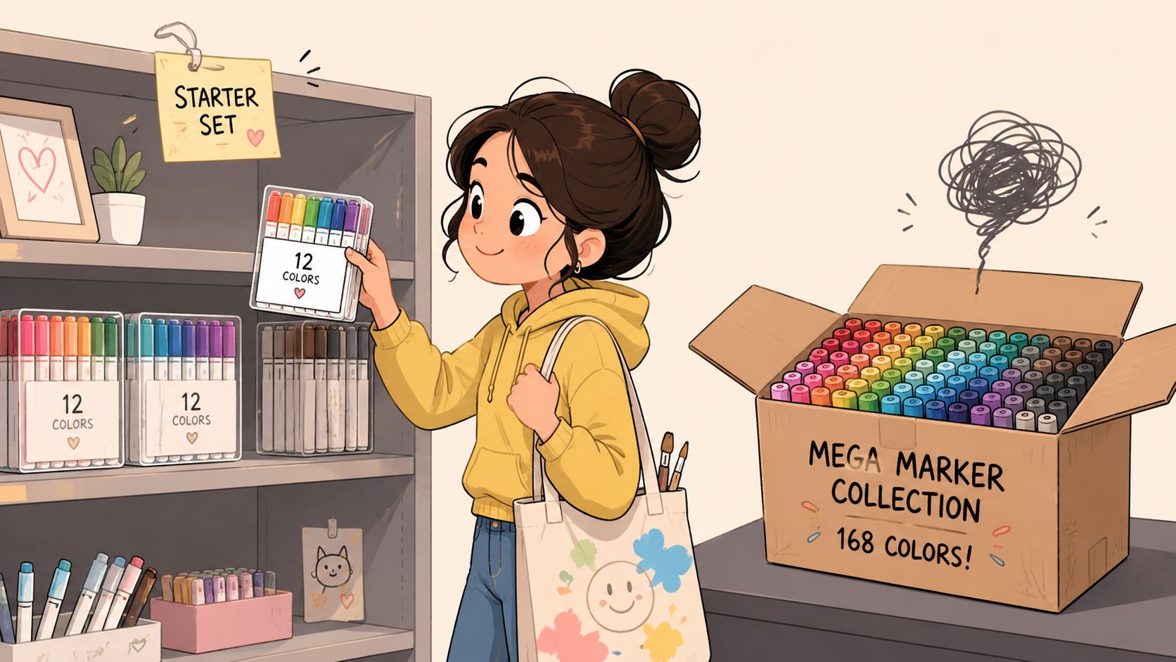 A girl in a yellow hoodie choosing between small starter marker sets and a large collection box.