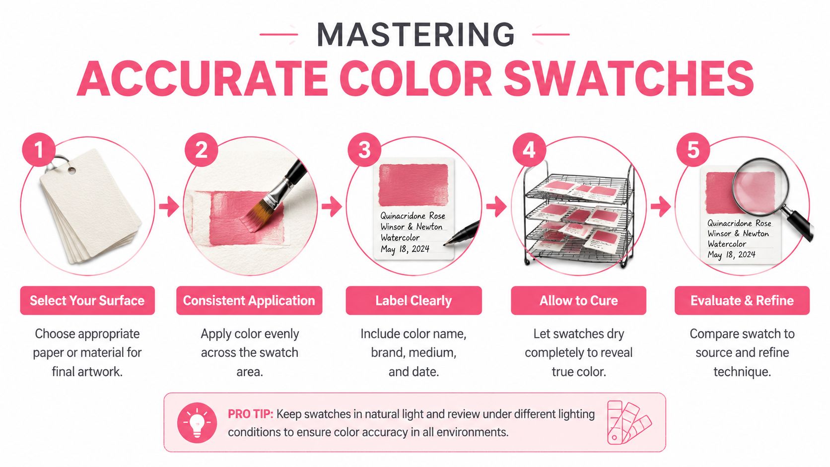 A five-step infographic illustrating the professional process for creating accurate and labeled watercolor color swatches.