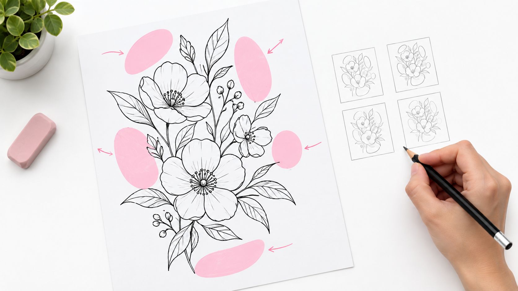 A hand drawing a flower illustration with negative space highlights, next to an eraser and plant.