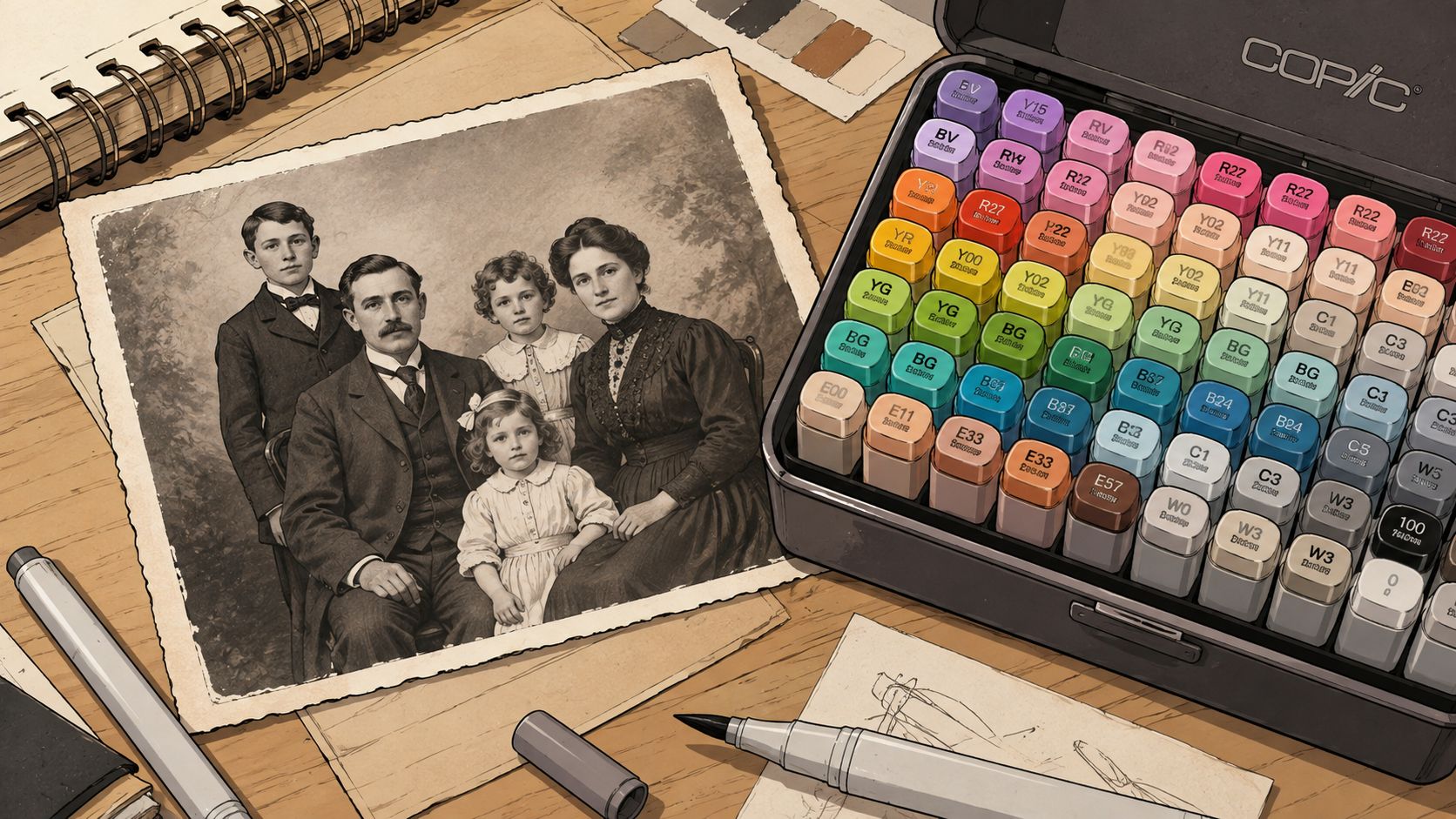 A vintage family portrait displayed on a desk next to a professional set of Copic coloring markers.
