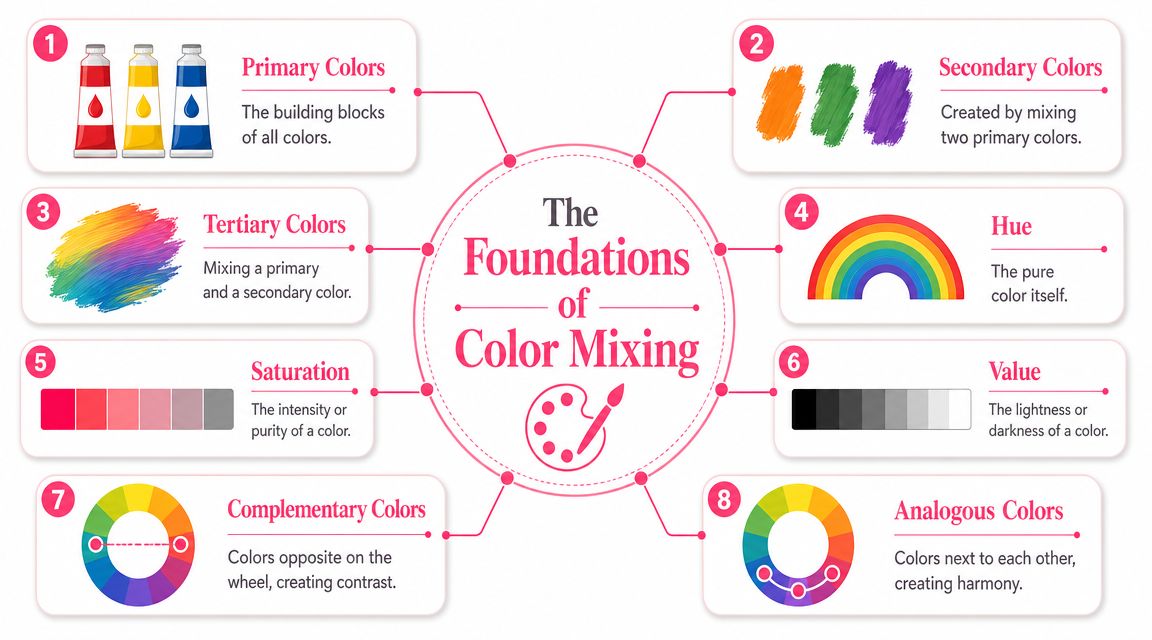 A diagram explaining the foundations of color mixing, showing primary, secondary, tertiary, and various color concepts.