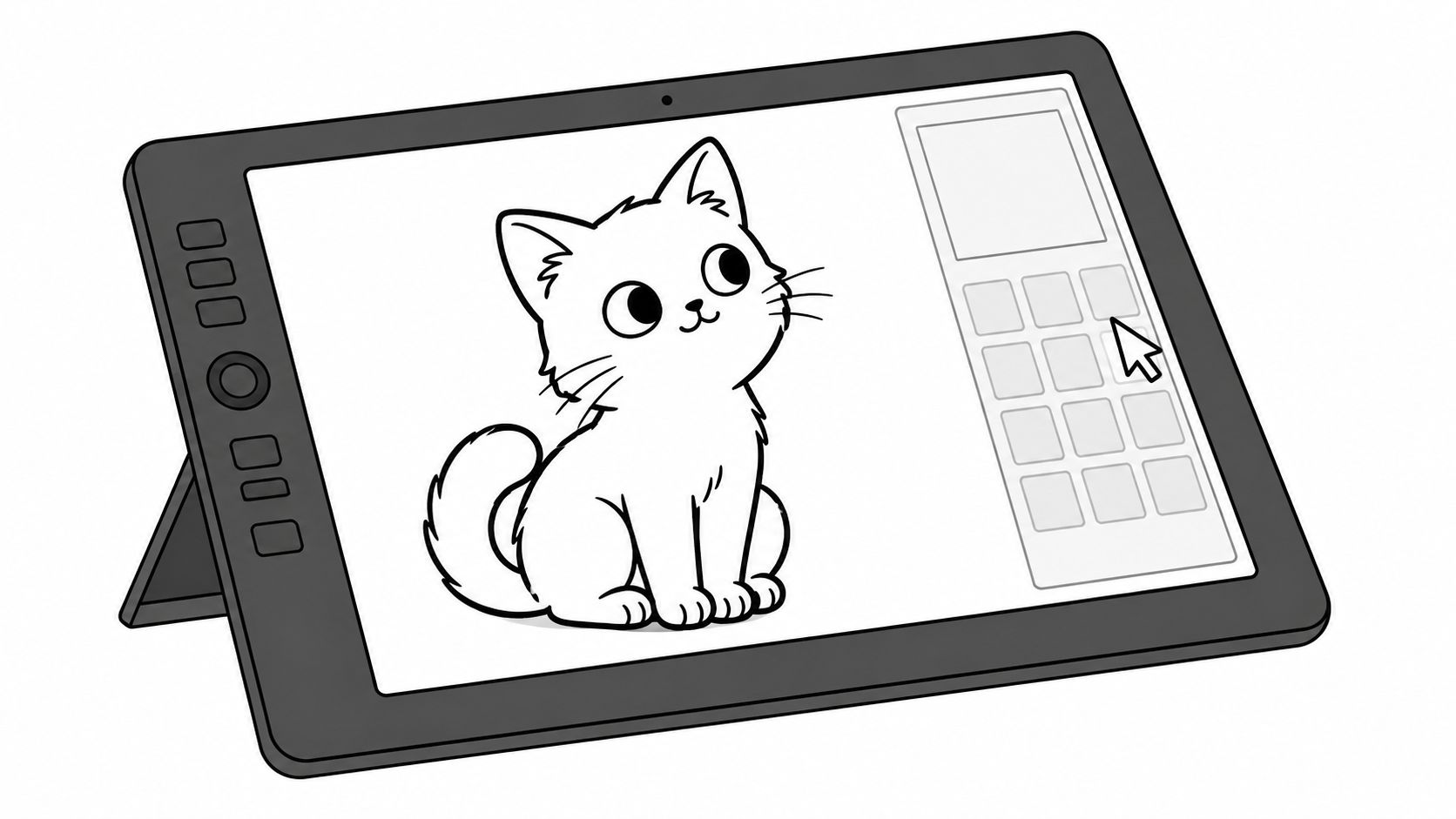 A graphic illustration showing a drawing tablet with a line art cat on the screen