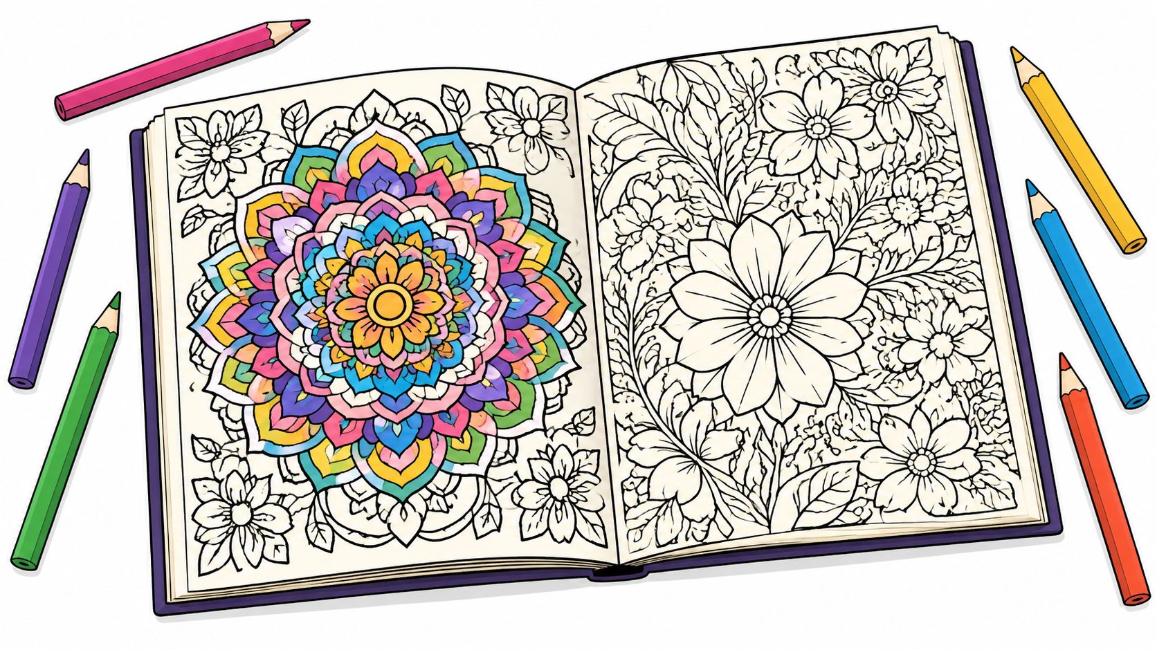 Open coloring book for adults featuring a mandala and a floral pattern with colored pencils nearby.