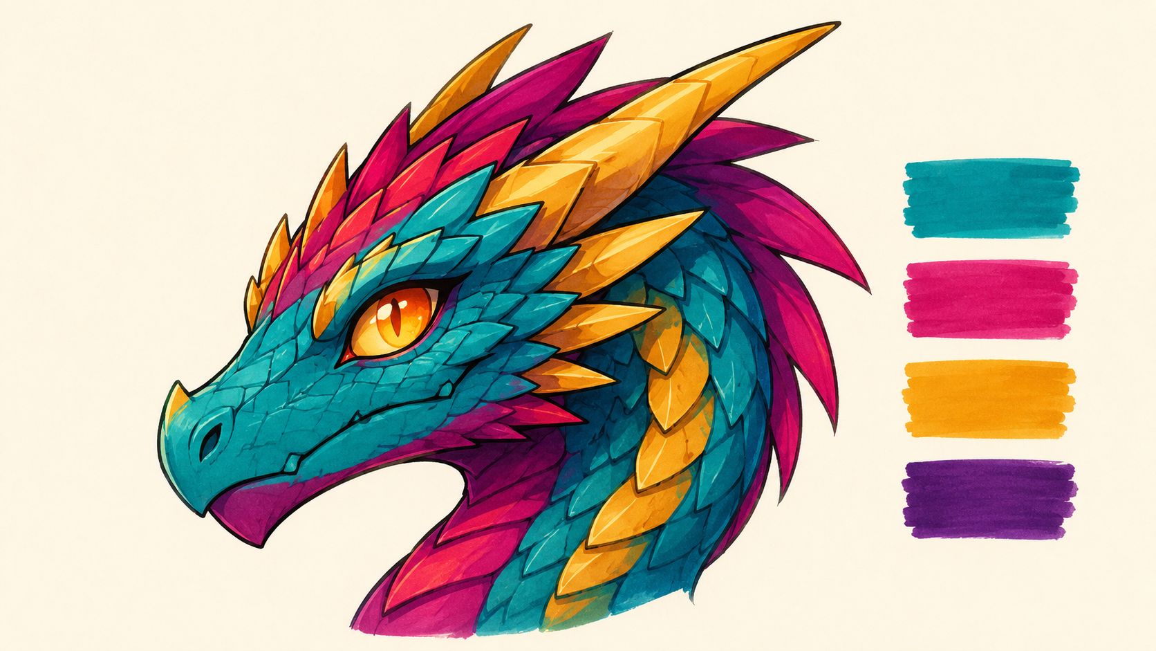 A detailed alcohol marker illustration featuring a vibrant dragon head portrait with teal, yellow, and magenta colors.