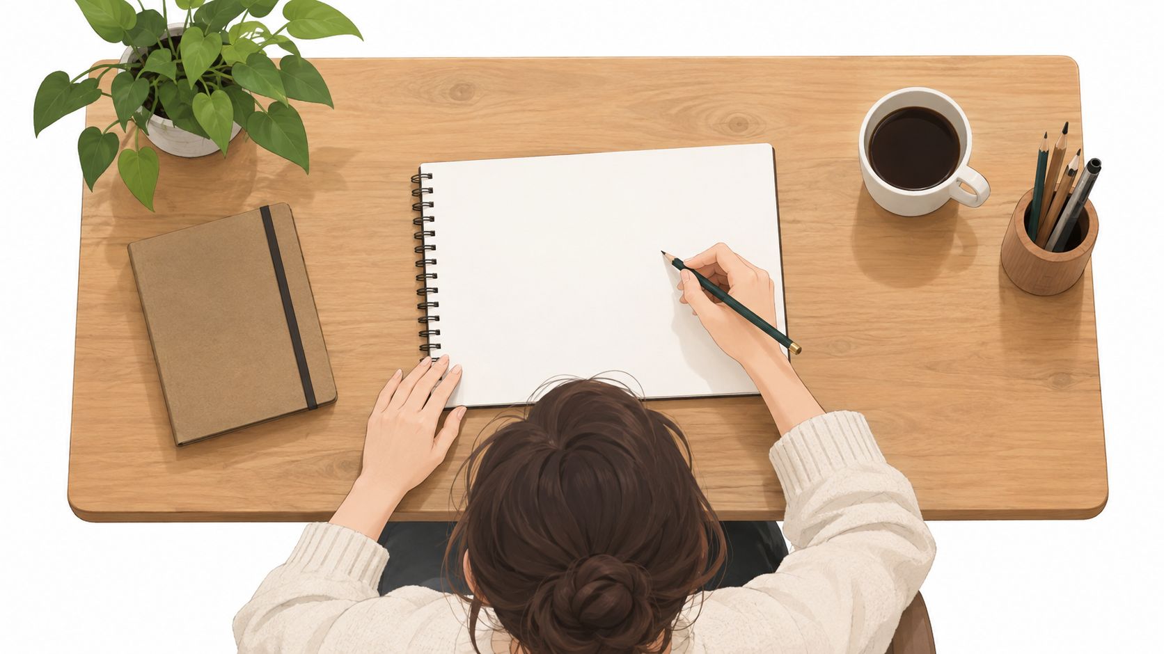 A woman in a cream sweater drawing in a sketchbook at a wooden desk with a plant.