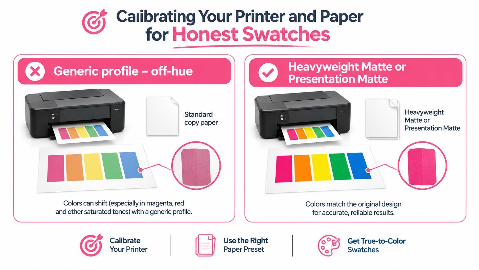 An infographic comparing print quality using standard paper versus heavyweight matte paper for accurate color swatches.