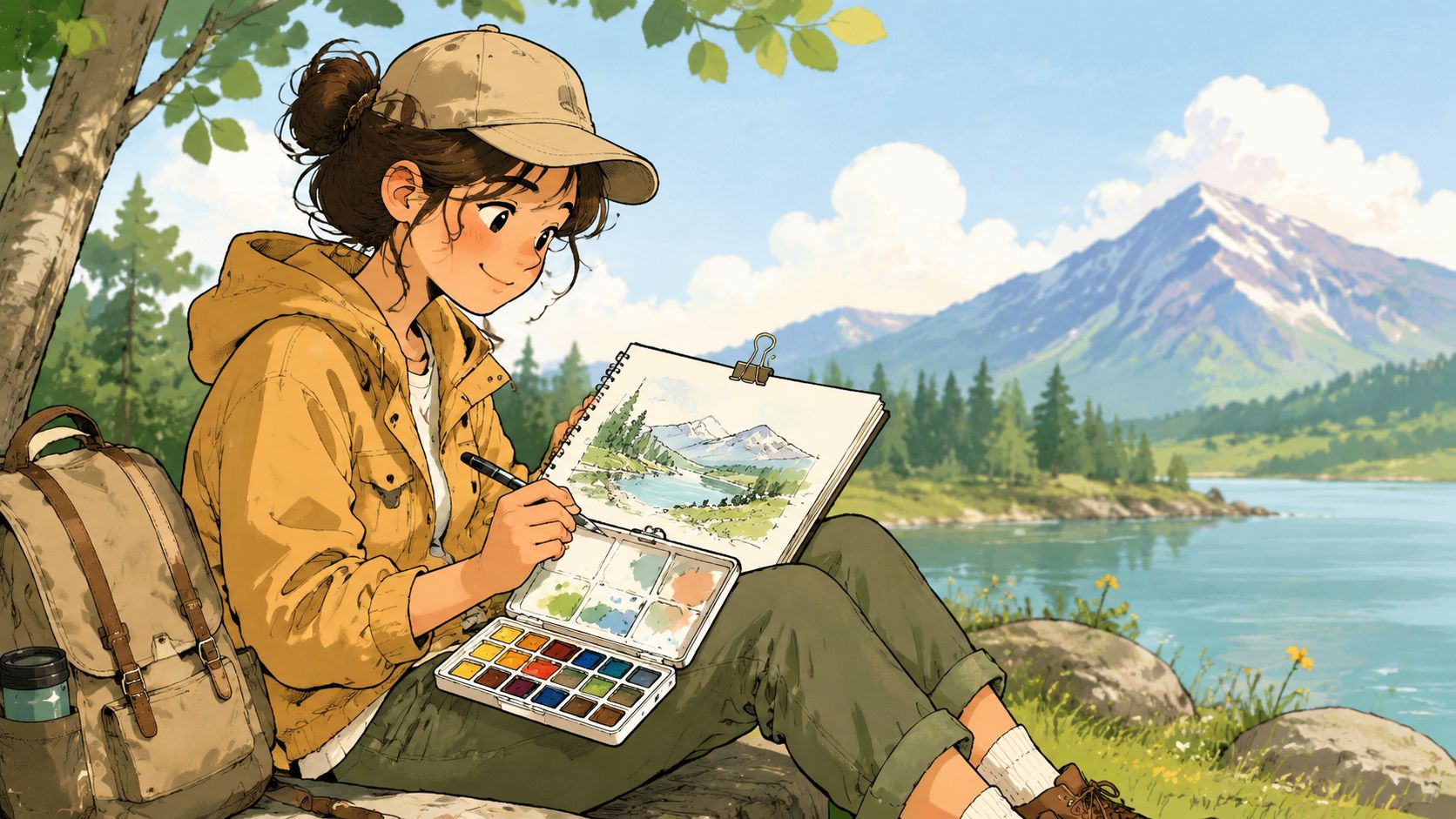 A young artist painting a scenic mountain landscape in a sketchbook while sitting outdoors by a lake.