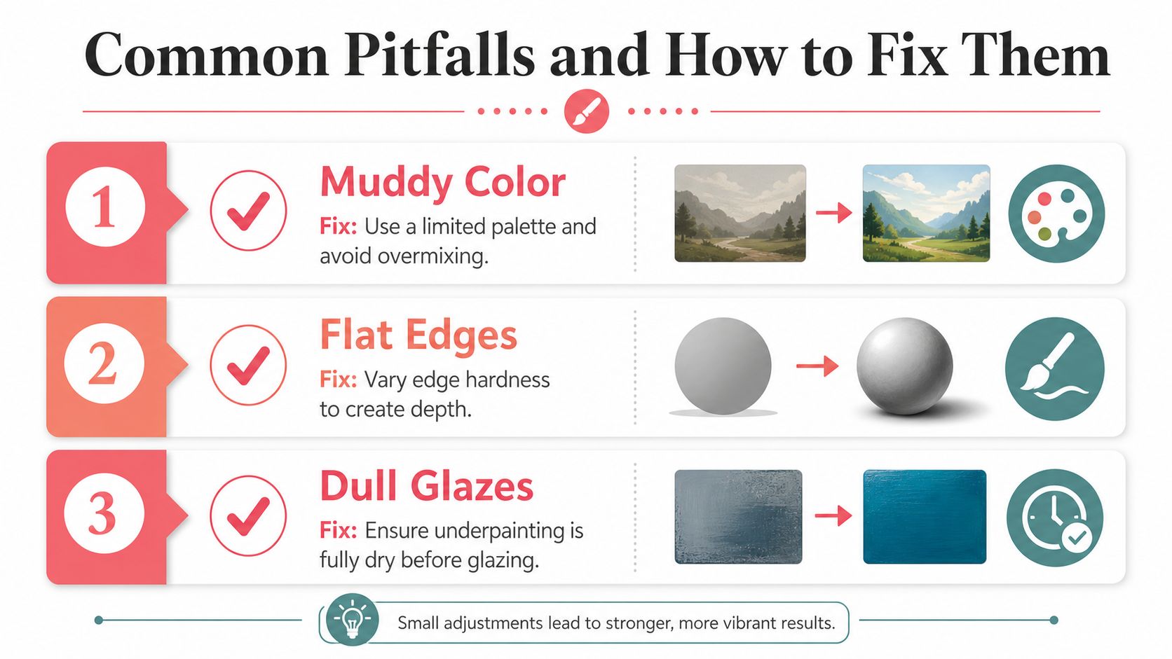An infographic showing three common oil painting mistakes and their solutions to achieve better realism.