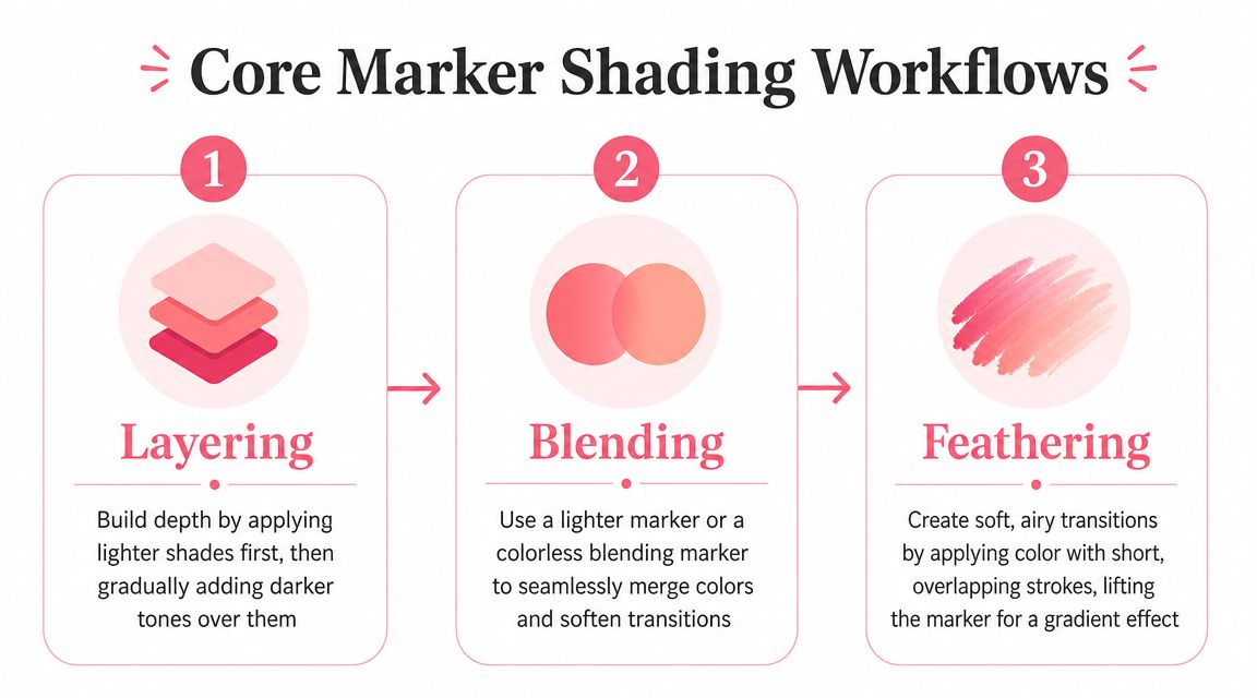An infographic showing three core marker shading workflows: layering, blending, and feathering with instructional descriptions.