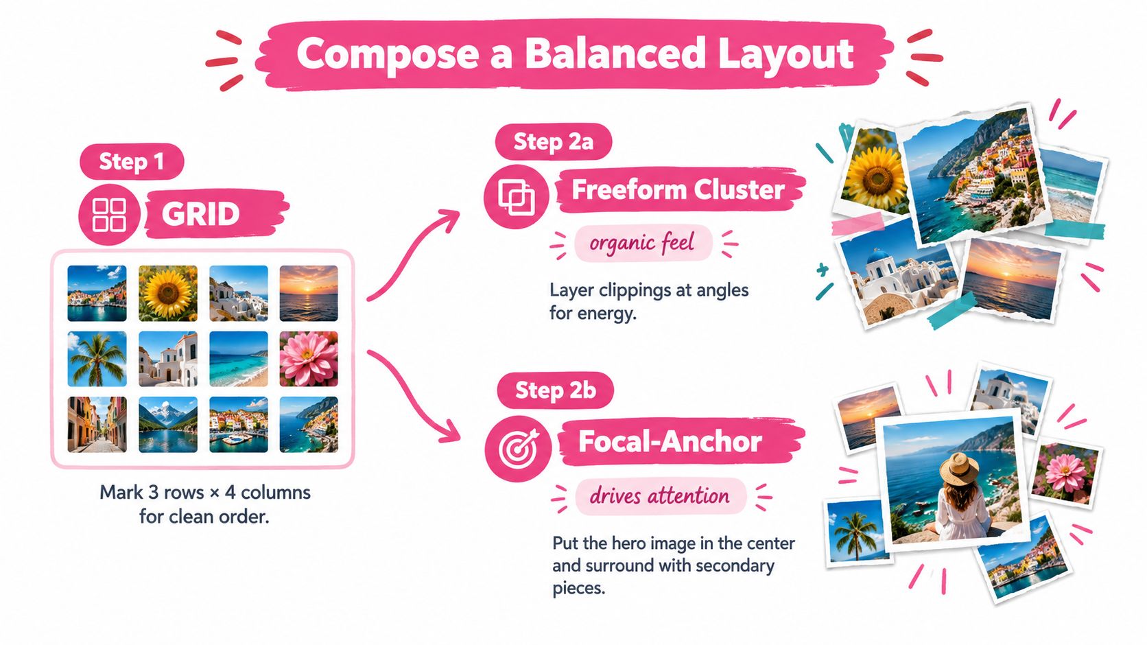 An instructional graphic explaining how to create a balanced photo layout using grid, freeform, or focal anchor techniques.