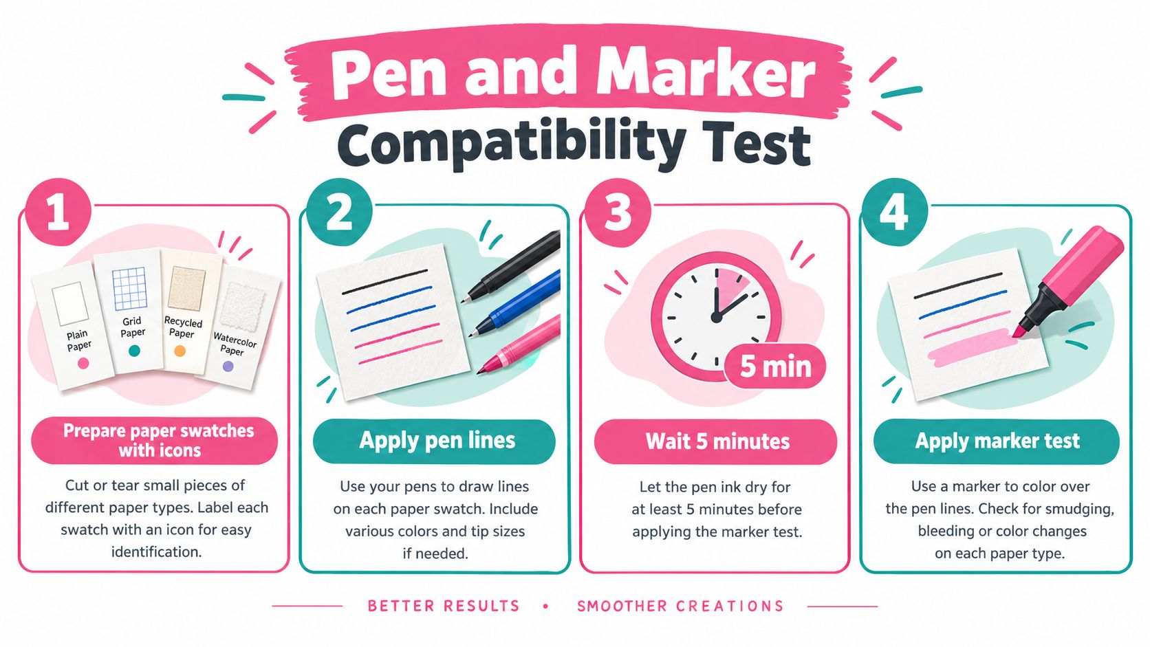 A four-step infographic illustrating how to test pen and marker compatibility on different types of paper.