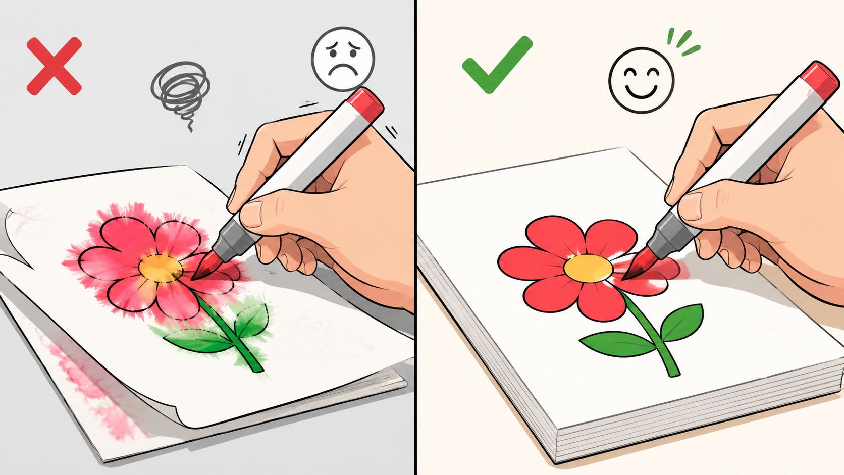 A split image showing correct versus incorrect marker coloring techniques on a floral drawing in a sketchbook.